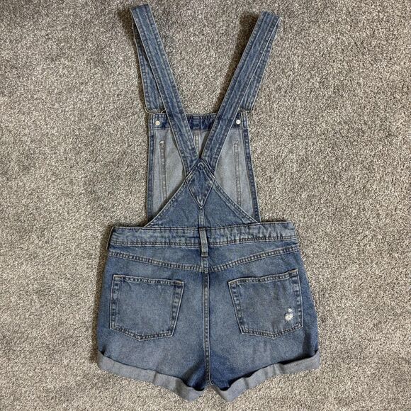 H&M Divided Denim Shortalls Womens 2 Blue Distressed Rolled Cuff Overalls - Picture 2 of 12